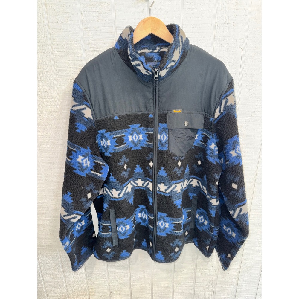 Wrangler Fleece Jacket Mens Blue Black Southwestern Aztec Full Zip XLarge